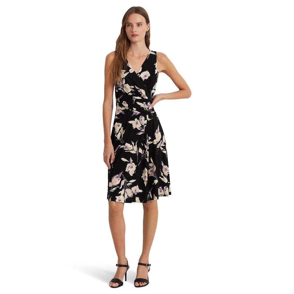 Lauren Ralph Lauren Floral Surplice Jersey Sleeveless Dress Black/Cream Multi 10